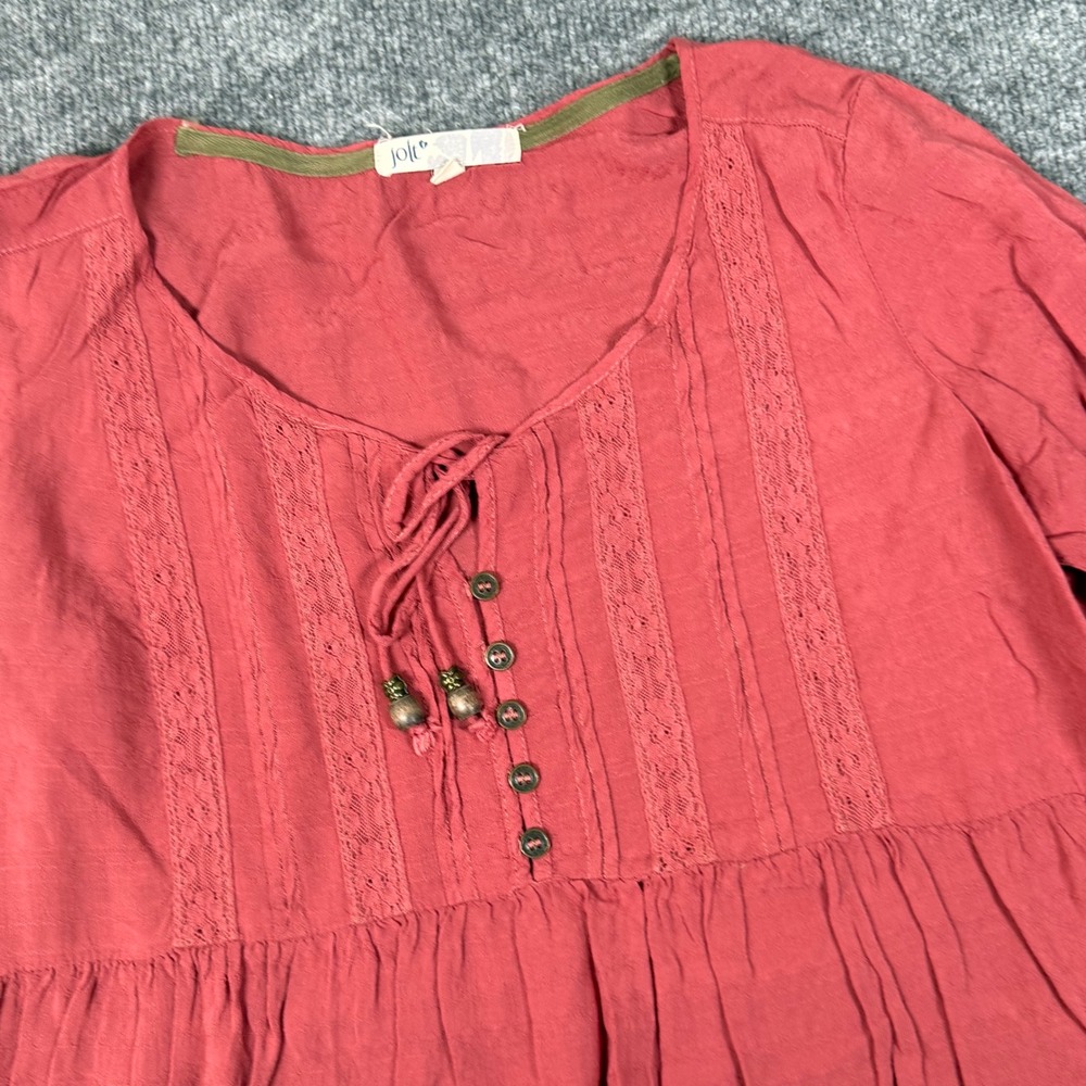 Jolt‎ Medium Flowy Peasant Blouse Tunic Top Embroidered Lace Tie Neck Bohochic